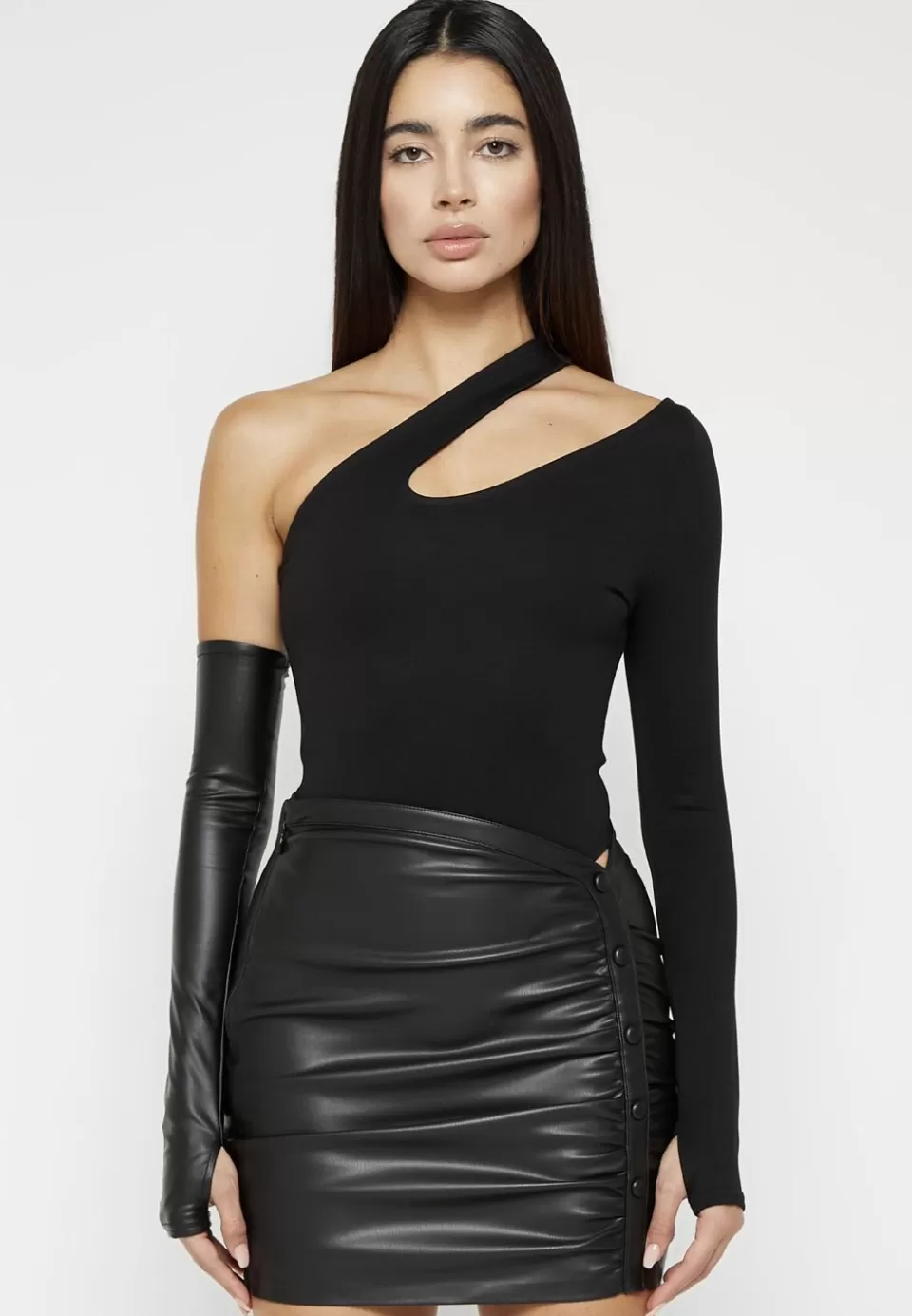 Manière De Voir Asymmetric Bodysuit With Vegan Leather Sleeve>Woman Bodysuits