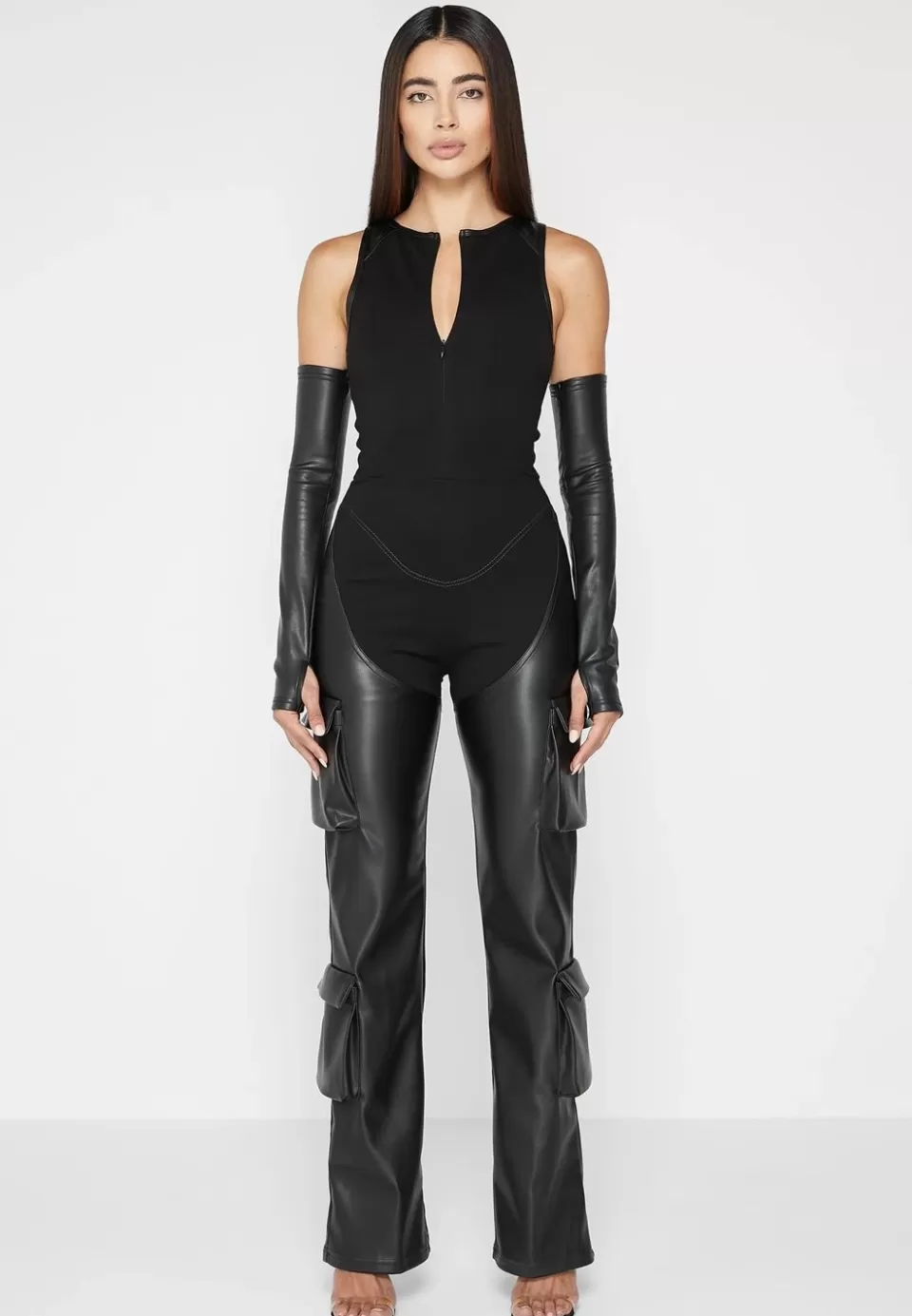 Manière De Voir Bandage And Vegan Leather Racer Neck Cargo Pocket Jumpsuit>Woman Jumpsuits & Playsuits