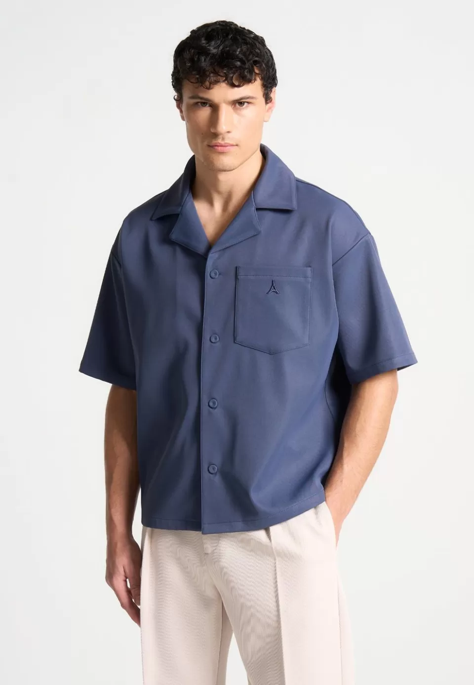 Manière De Voir Boxy Twill Revere Shirt - Steel Blue>Man Shirts