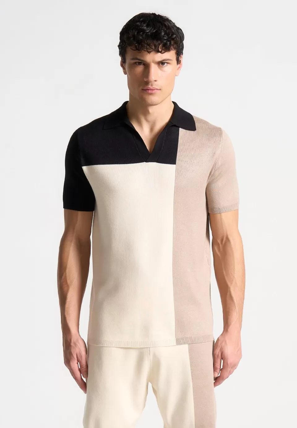 Manière De Voir Colour Block Knit Revere Polo Top - Black/Beige>Man Knitwear