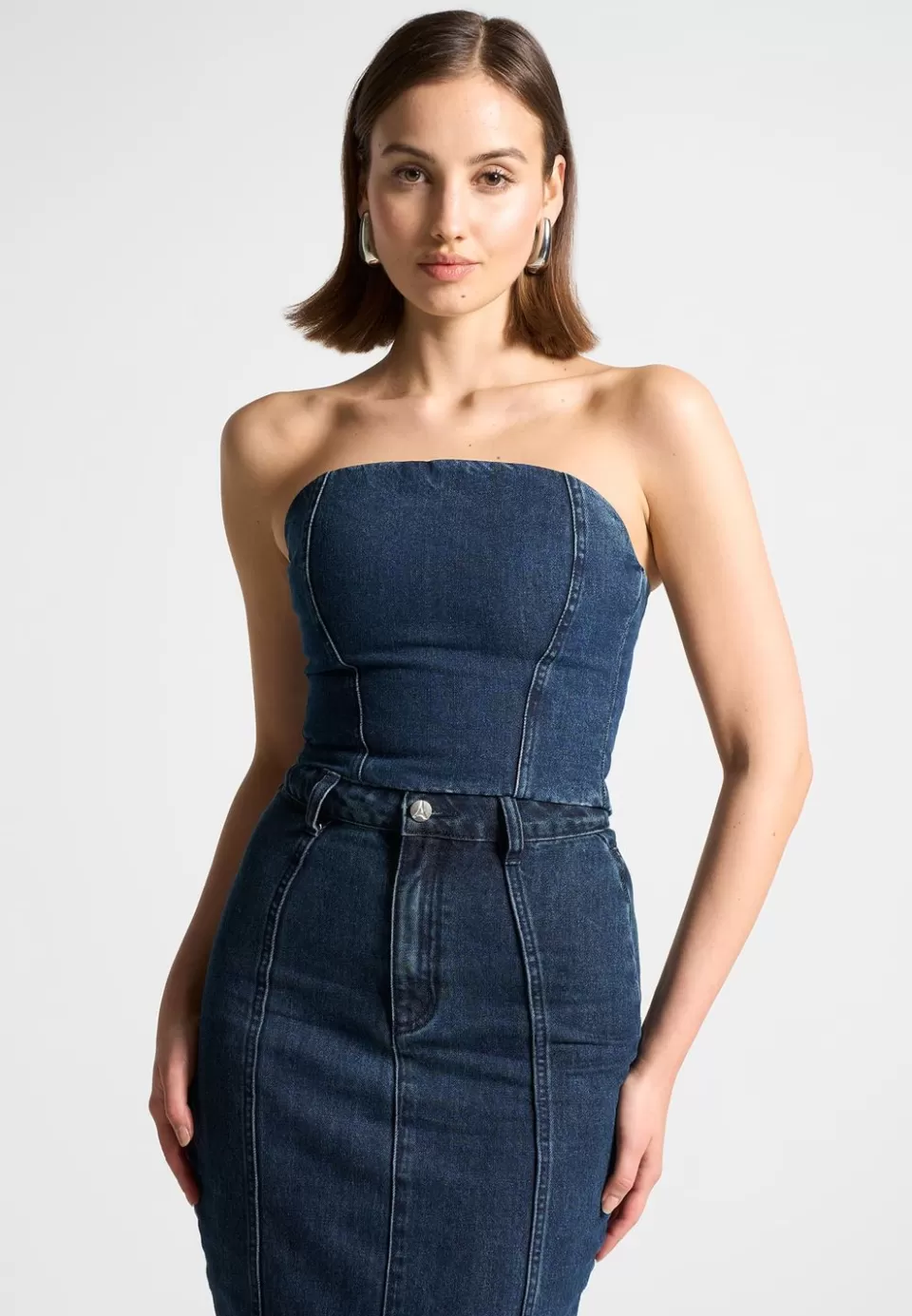 Manière De Voir Denim Bandeau Corset Top>Woman Matching Sets