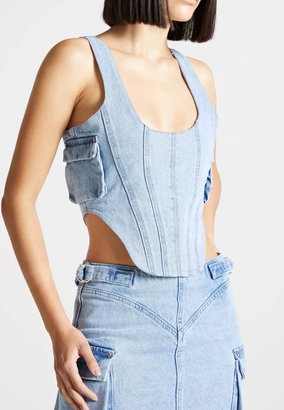 Manière De Voir Denim Cargo Corset Top>Woman Matching Sets