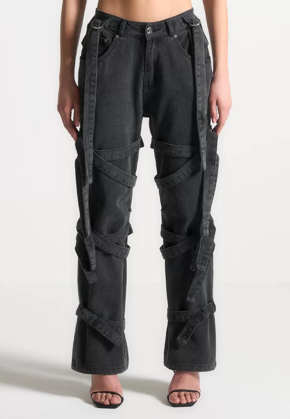 Manière De Voir Denim Strap Cargo Jeans - Washed Black>Woman Jeans