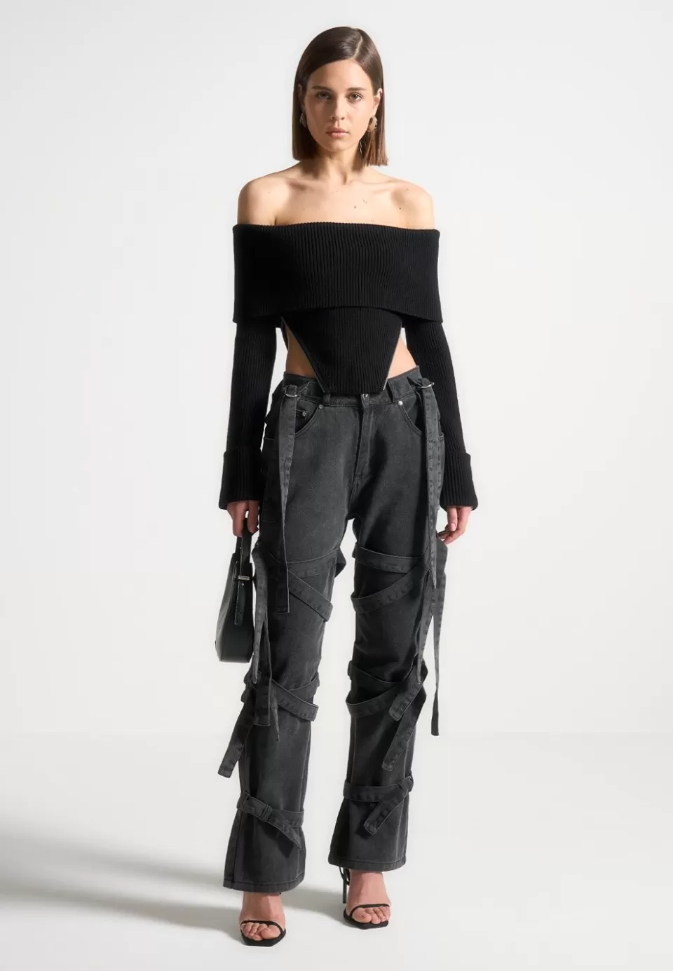 Manière De Voir Denim Strap Cargo Jeans - Washed Black>Woman Jeans