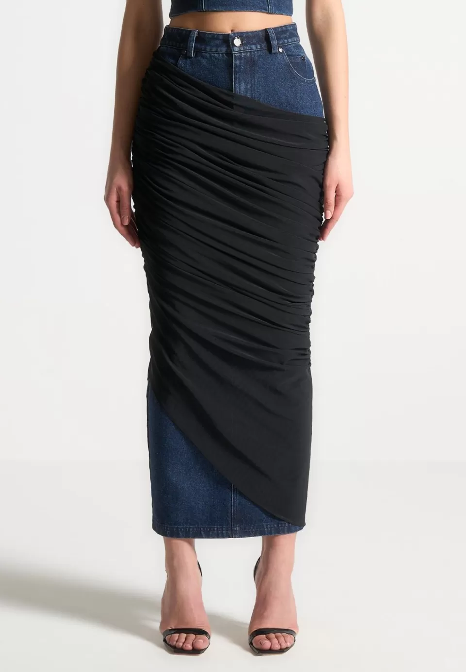 Manière De Voir Draped Mesh Denim Maxi Skirt>Woman Skirts