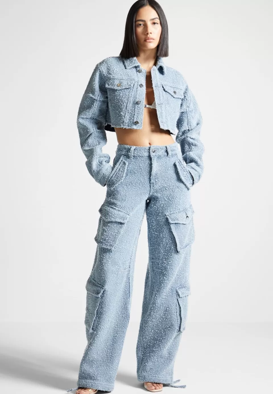 Manière De Voir High Waisted Boucle Denim Cargo Pants>Woman Cargo Pants & Joggers