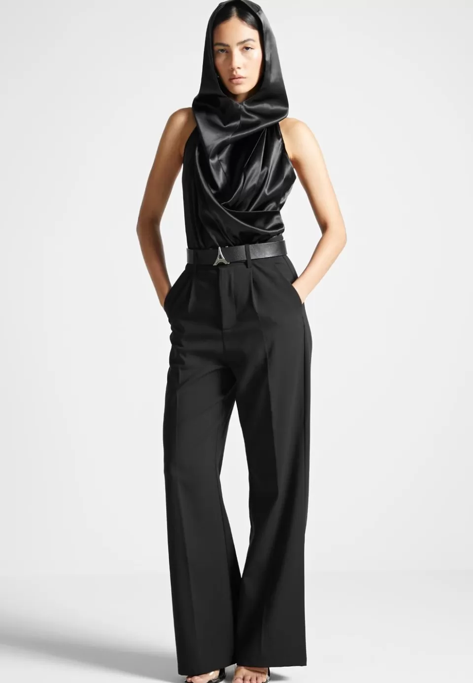 Manière De Voir Hooded Cowl Neck Satin Wrap Bodysuit>Woman Bodysuits
