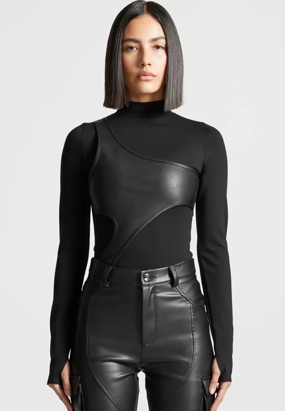 Manière De Voir Leather Overlay High Neck Bodysuit>Woman Bodysuits