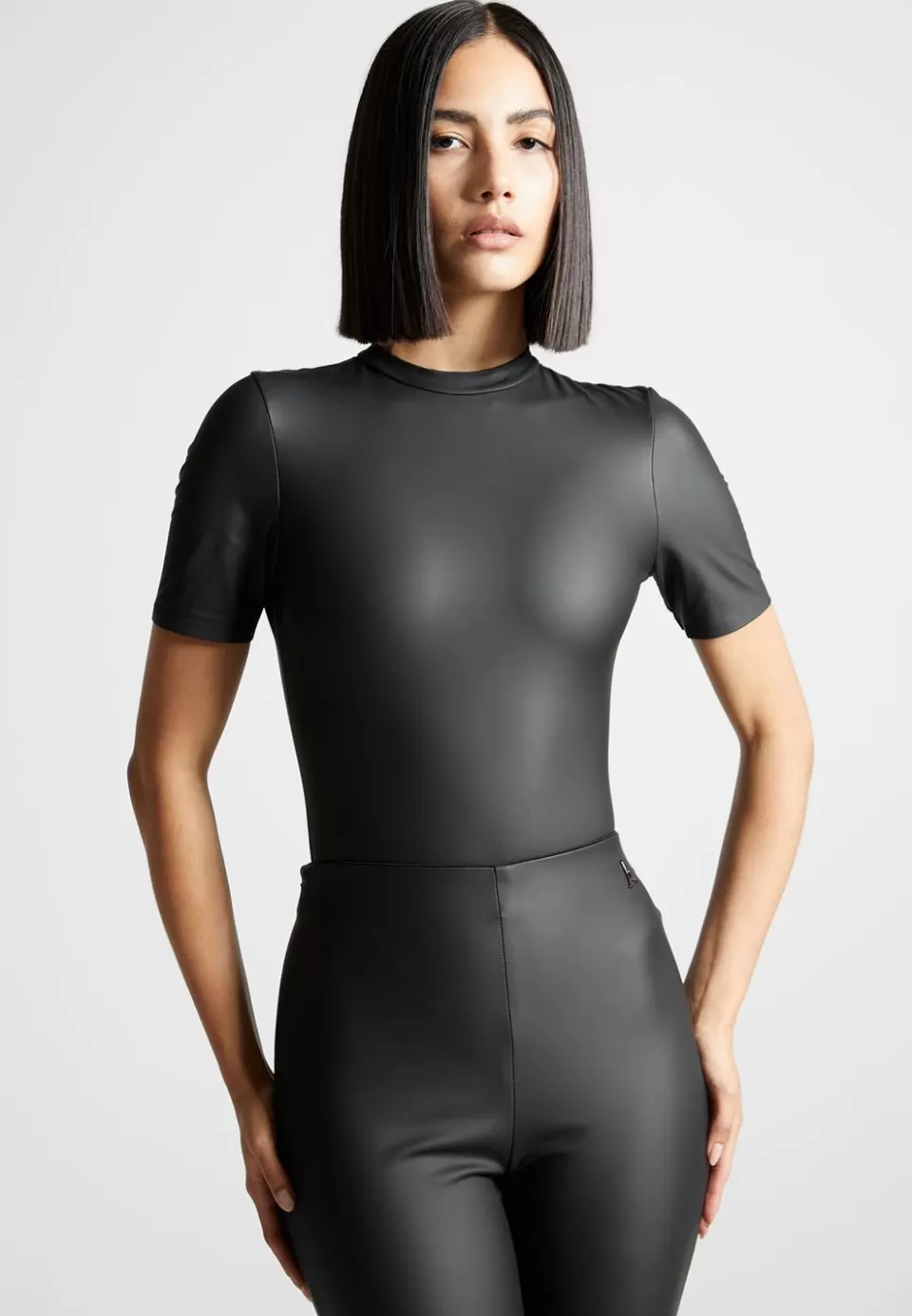 Manière De Voir Matte Vegan Leather Tee Bodysuit>Woman Bodysuits