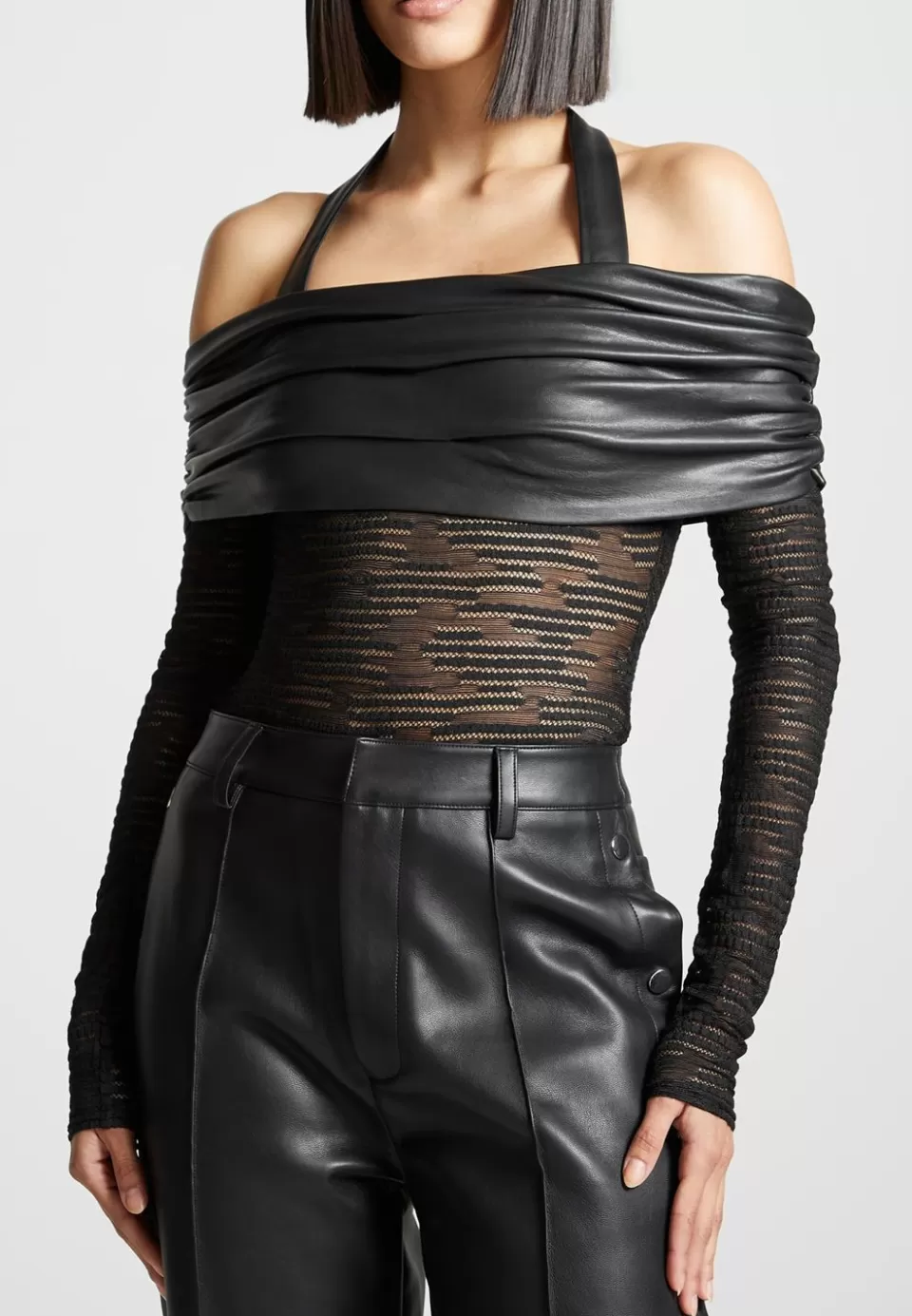 Manière De Voir Mesh And Vegan Leather Bardot Bodysuit>Woman Bodysuits