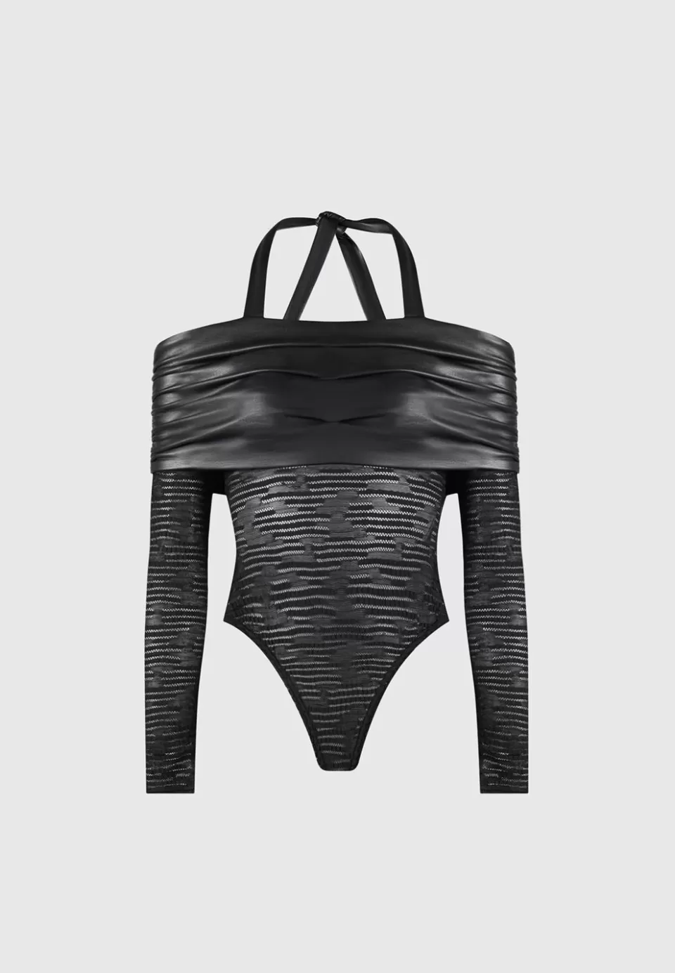 Manière De Voir Mesh And Vegan Leather Bardot Bodysuit>Woman Bodysuits