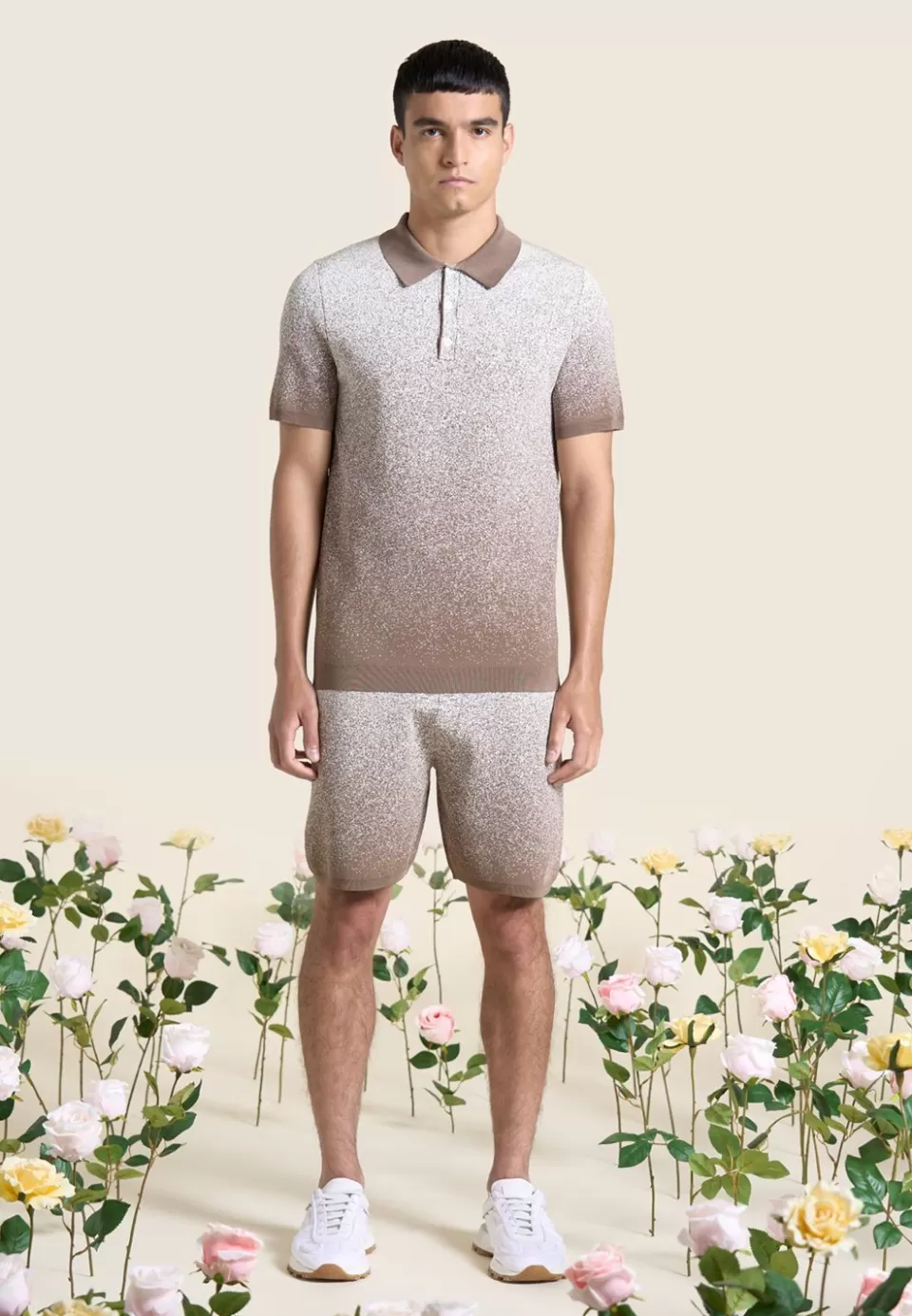 Manière De Voir Ombre Knit Polo Top - Taupe/White>Man Polo Tops