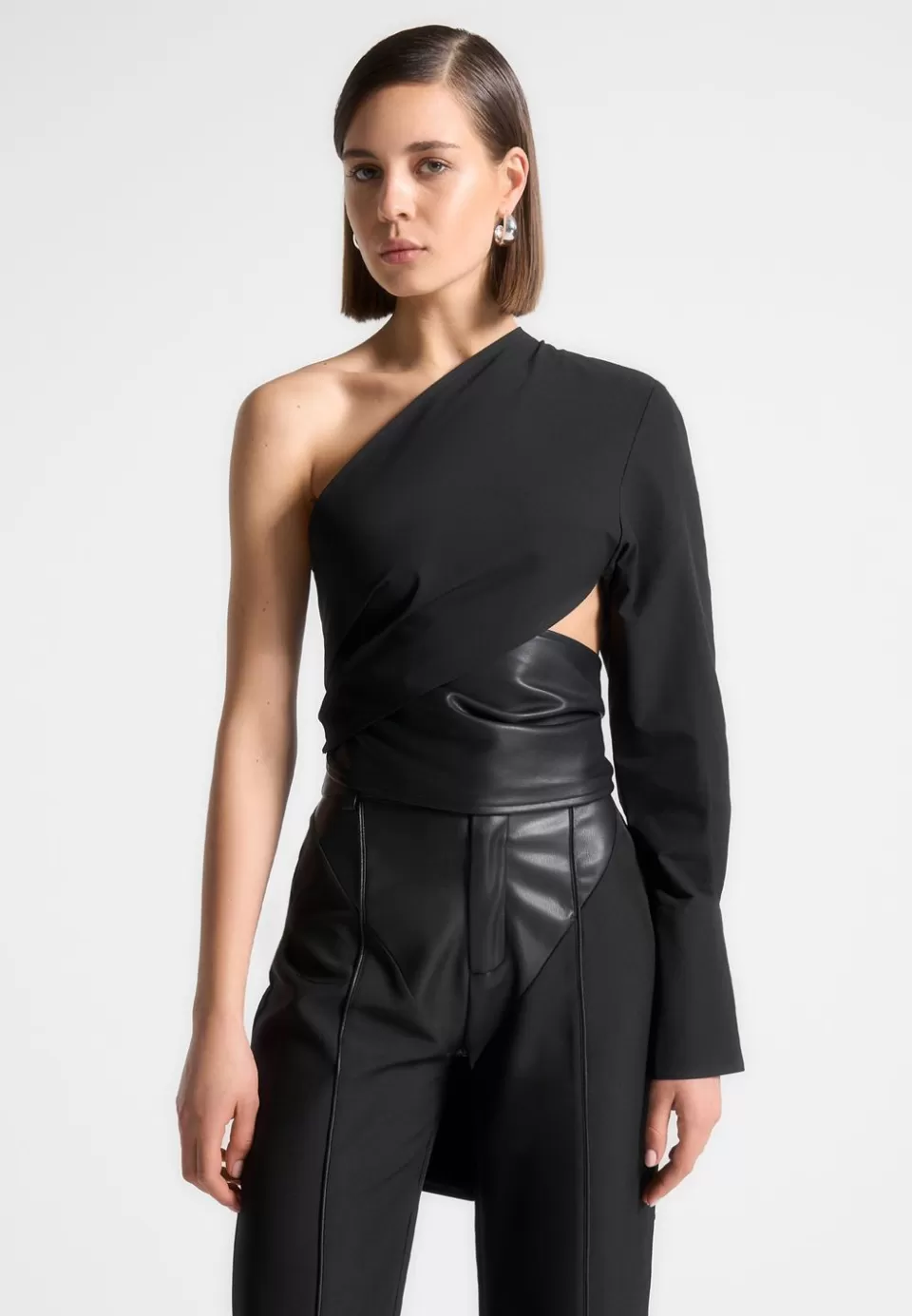 Manière De Voir One Sleeve Vegan Leather Wrap Top>Woman Tops & T Shirts