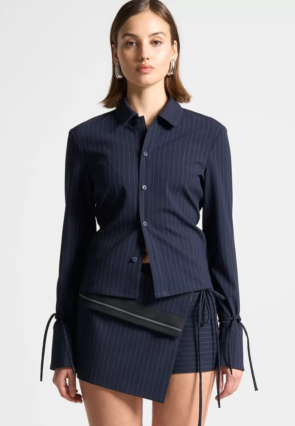 Manière De Voir Pinstripe Cinch Tailored Shirt With Ties>Woman Matching Sets
