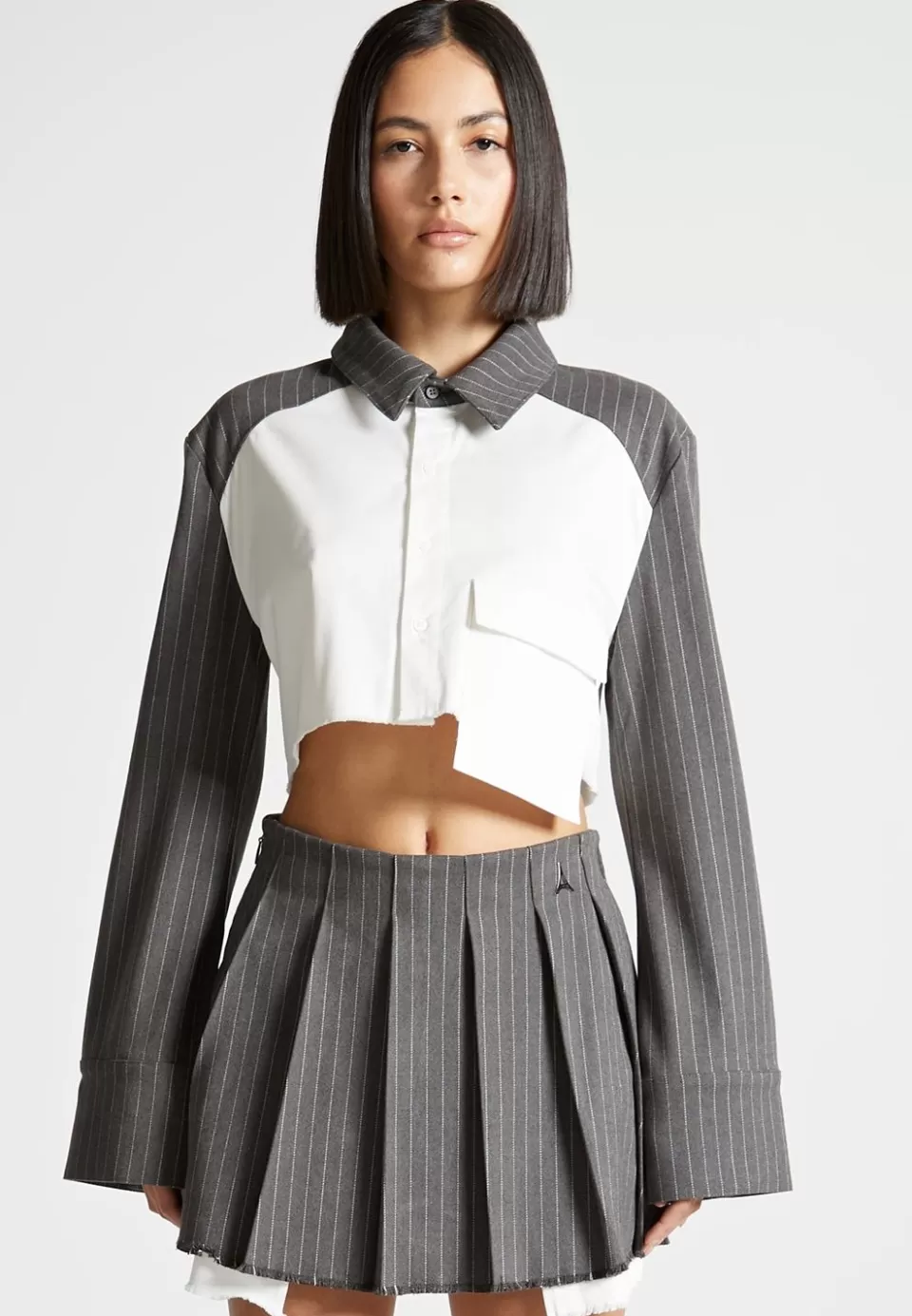 Manière De Voir Pinstripe Contrast Cropped Shirt - Grey>Woman Shirts