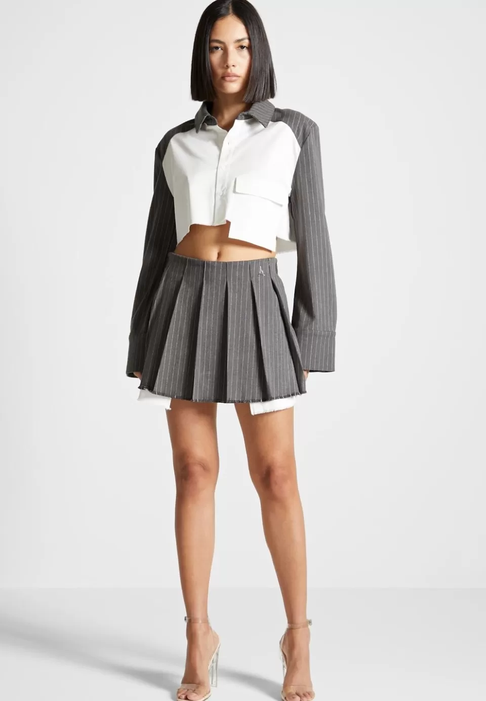 Manière De Voir Pinstripe Pleated Skort - Grey Pinstripe>Woman Skirts
