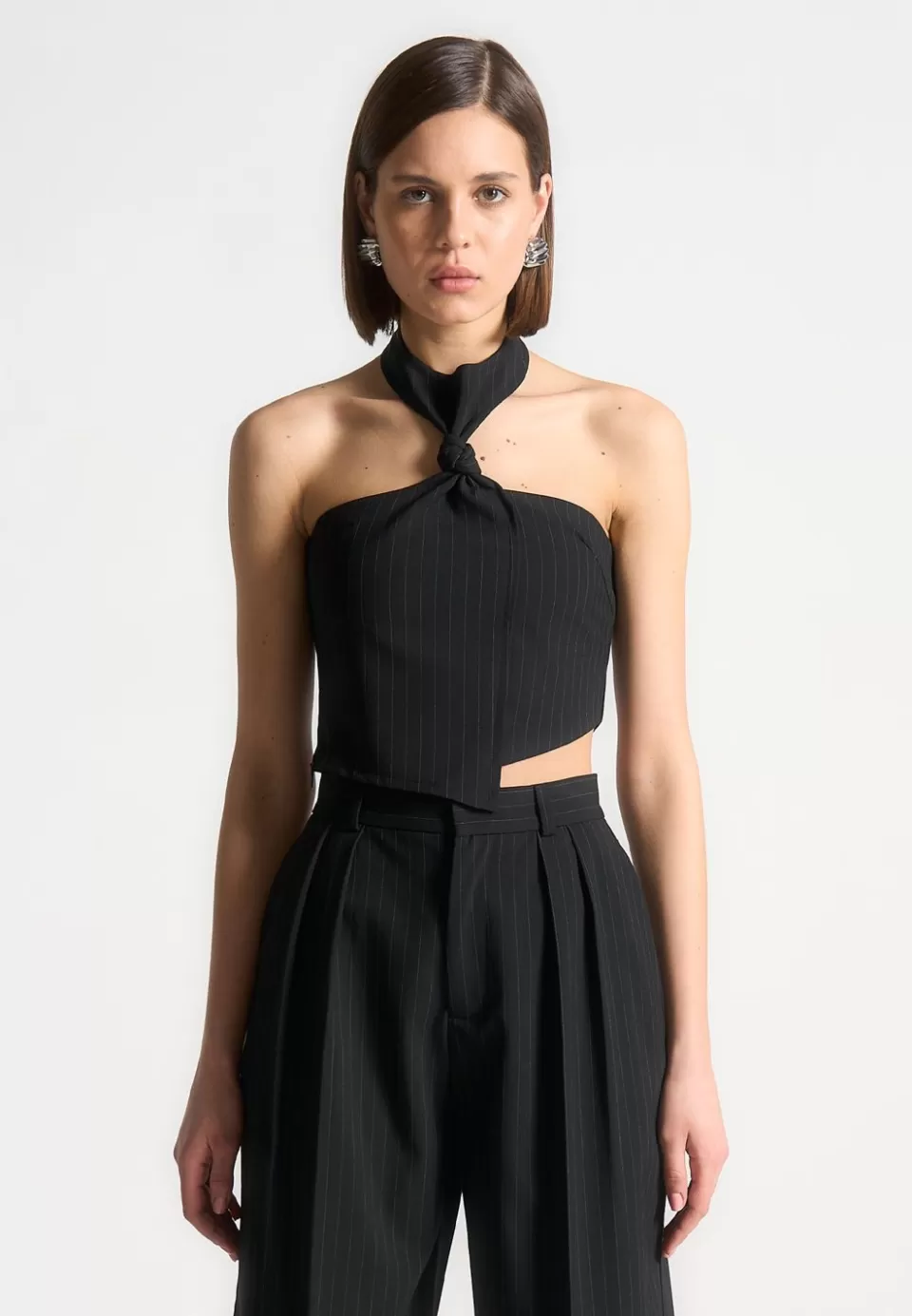 Manière De Voir Pinstripe Tie Knot Halter Top>Woman Tops & T Shirts