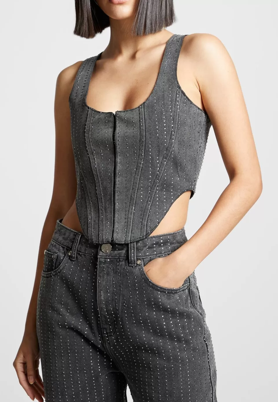 Manière De Voir Rhinestone Denim Corset>Woman Matching Sets