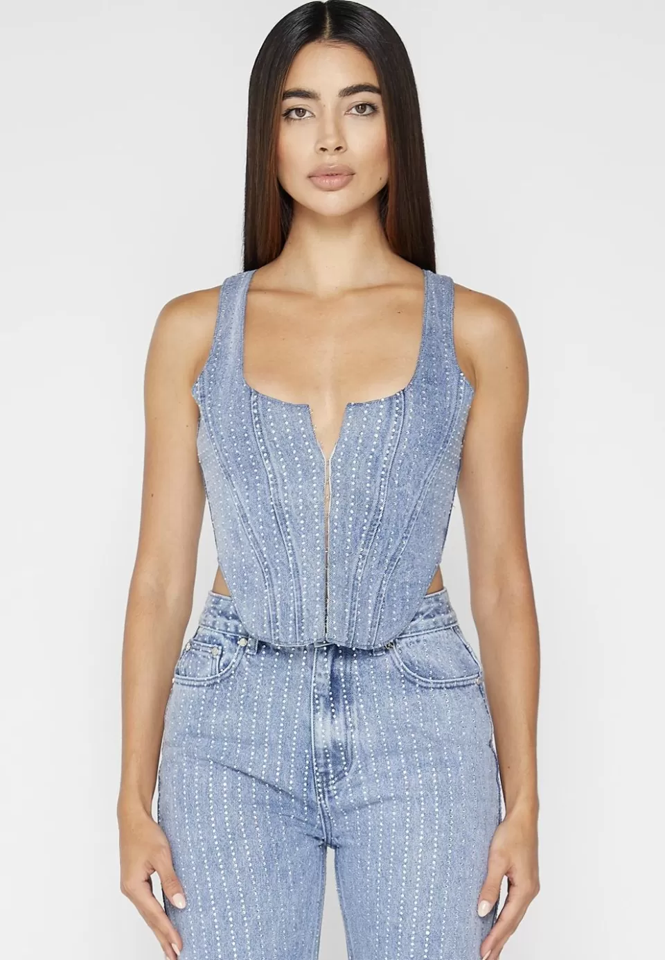 Manière De Voir Rhinestone Denim Corset>Woman Tops & T Shirts