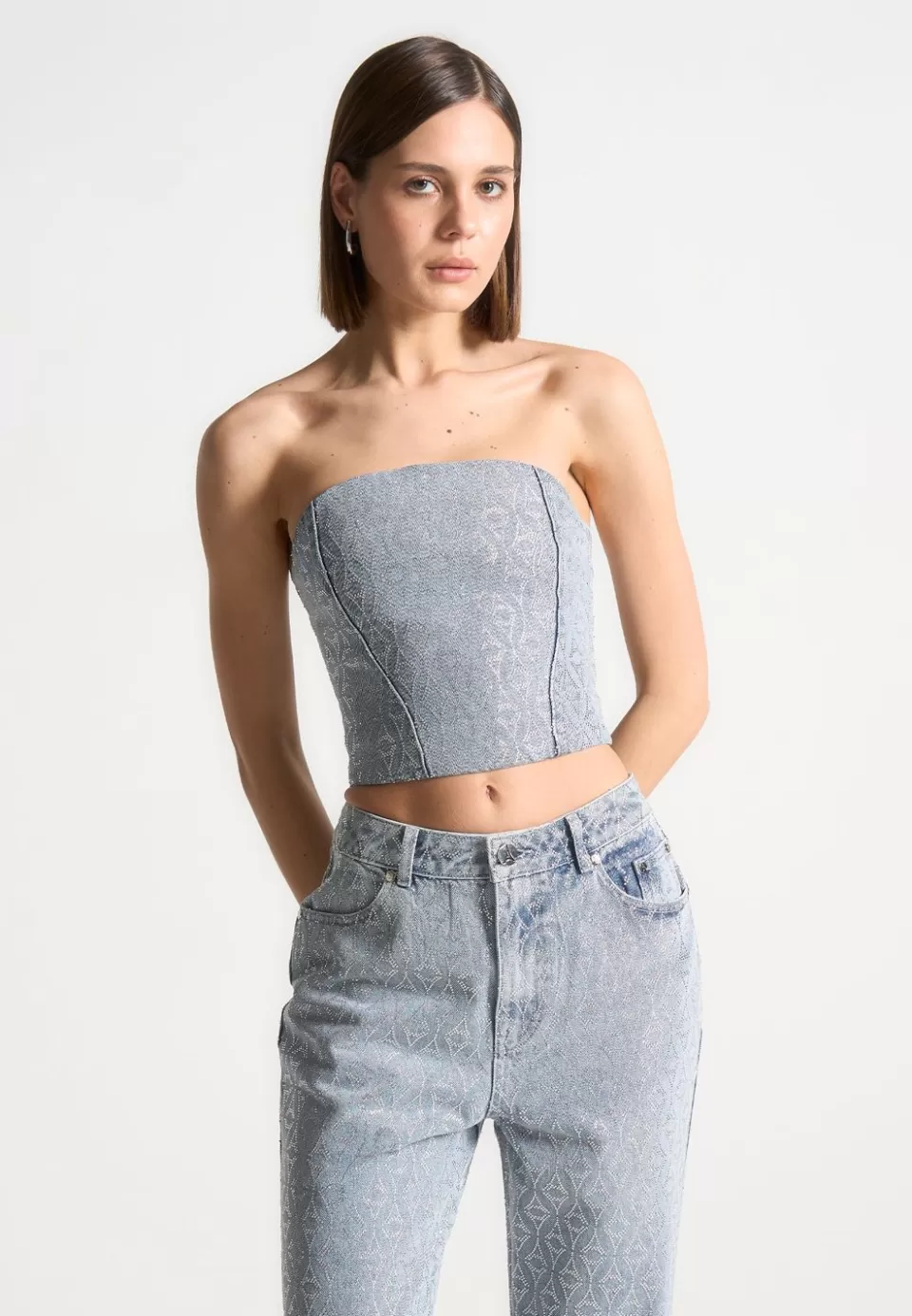 Manière De Voir Rhinestone Eiffel Denim Bandeau Corset Top>Woman Tops & T Shirts