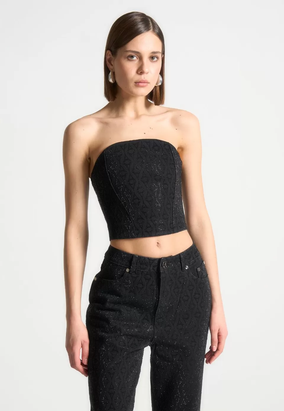 Manière De Voir Rhinestone Eiffel Denim Bandeau Corset Top>Woman Tops & T Shirts