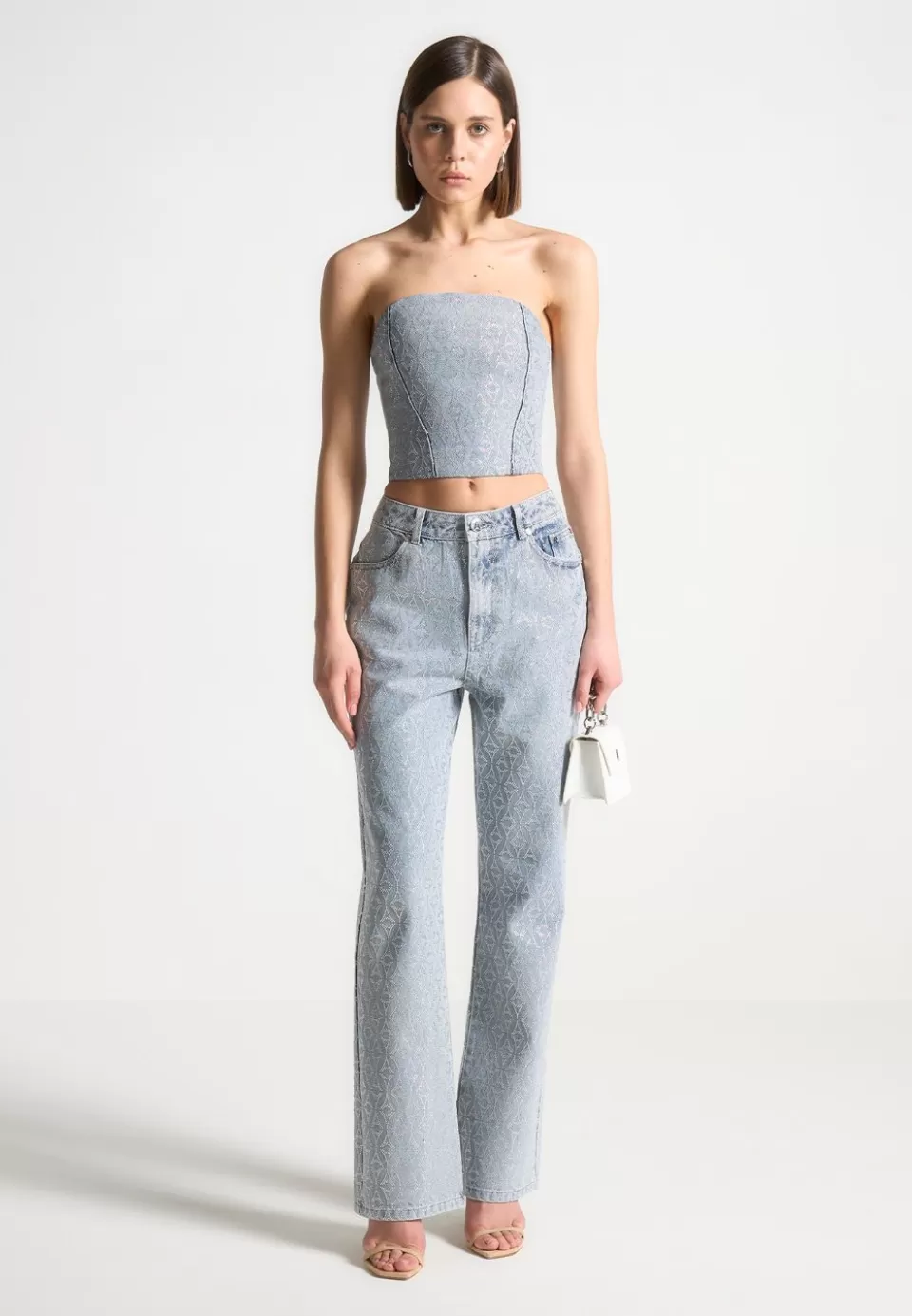 Manière De Voir Rhinestone Eiffel Denim Bandeau Corset Top>Woman Tops & T Shirts