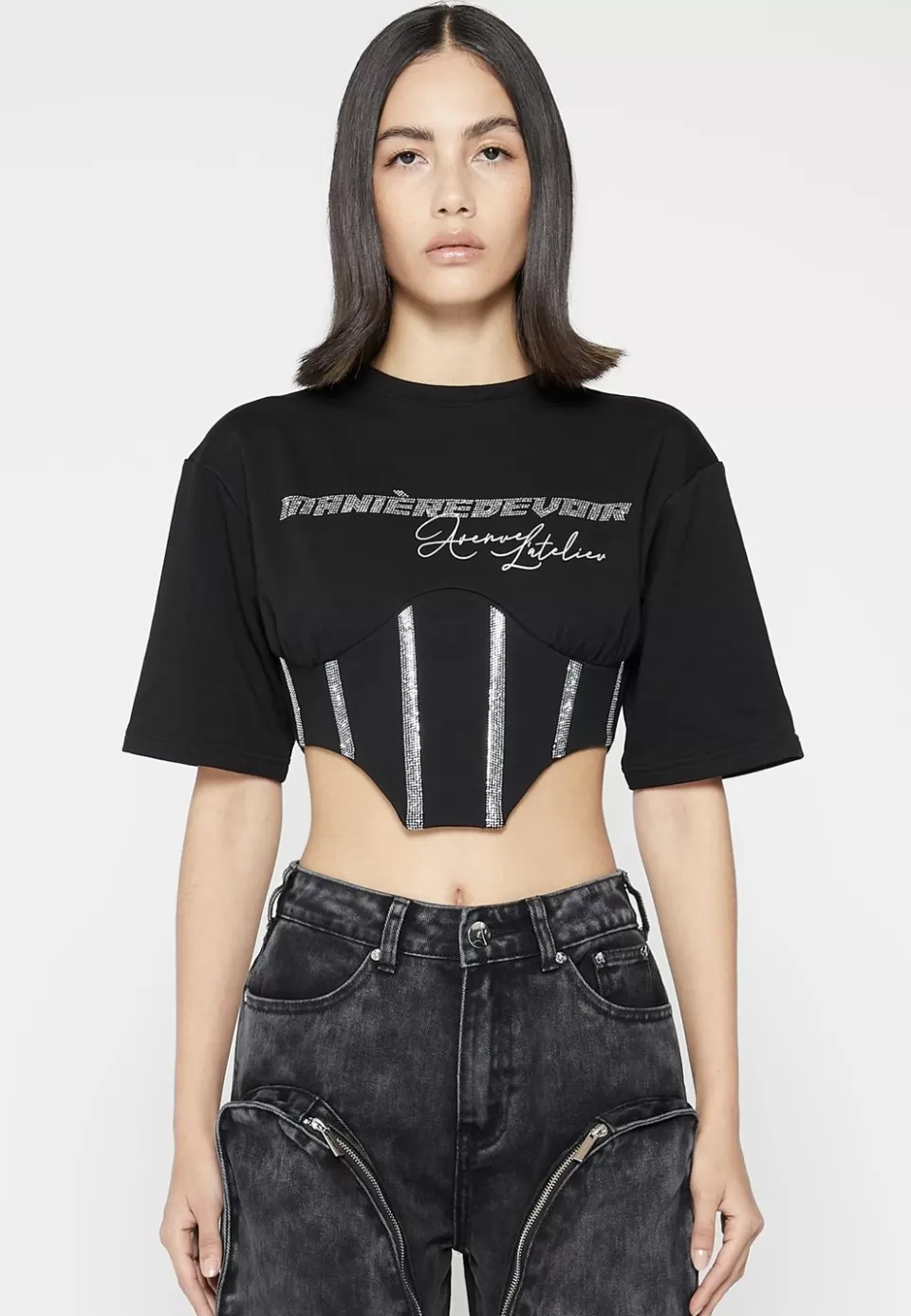 Manière De Voir Rhinestone Lace Up Corset T-Shirt>Woman Tops & T Shirts