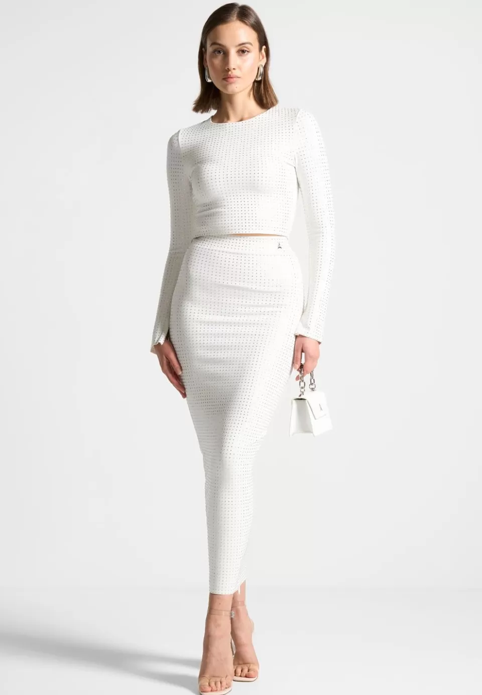 Manière De Voir Rhinestone Long Sleeve Bandage Top>Woman Matching Sets