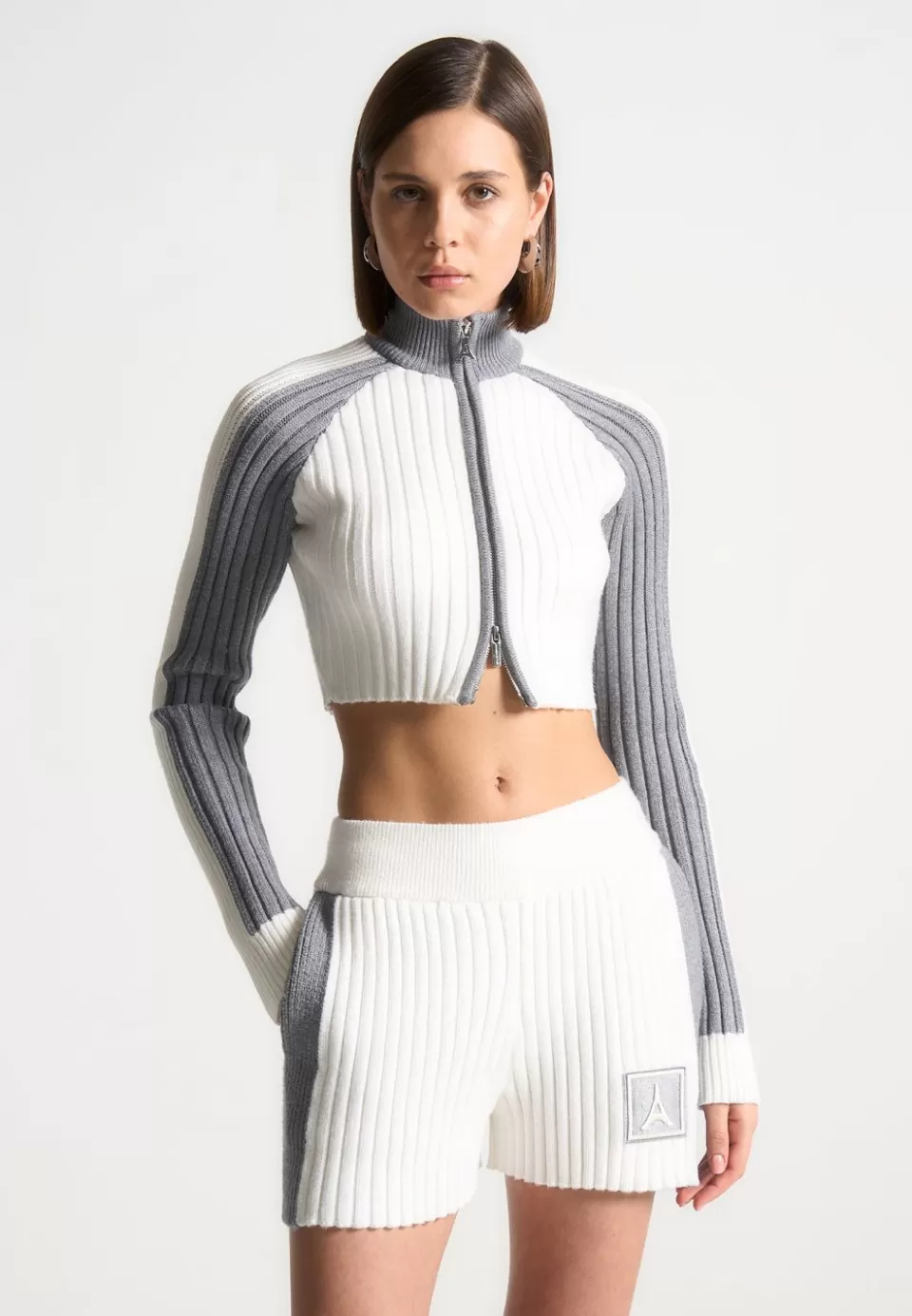 Manière De Voir Rib Knit Track Jacket - Off White/Grey>Woman Jumpers & Hoodies
