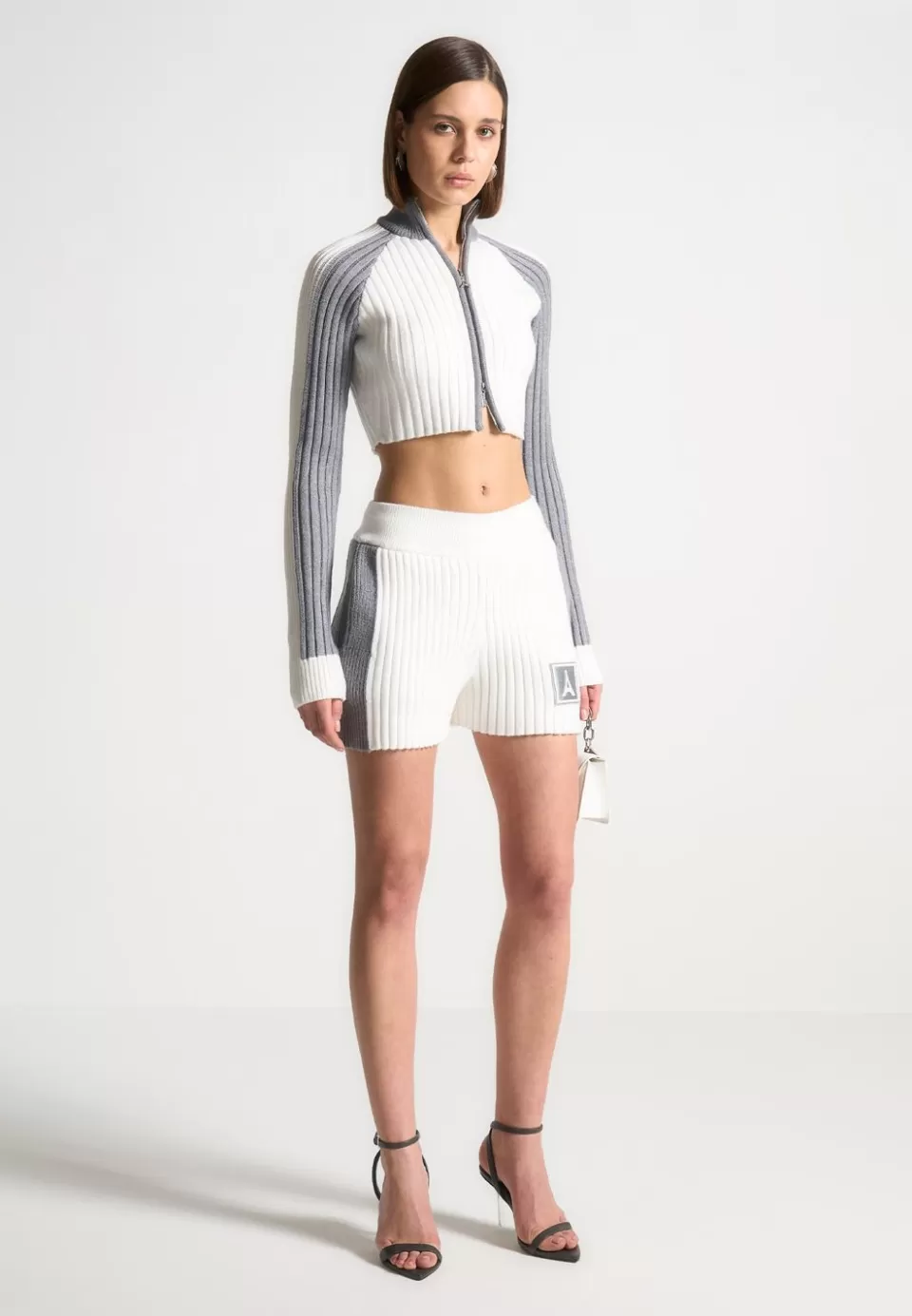 Manière De Voir Rib Knit Track Shorts - Off White/Grey>Woman Shorts