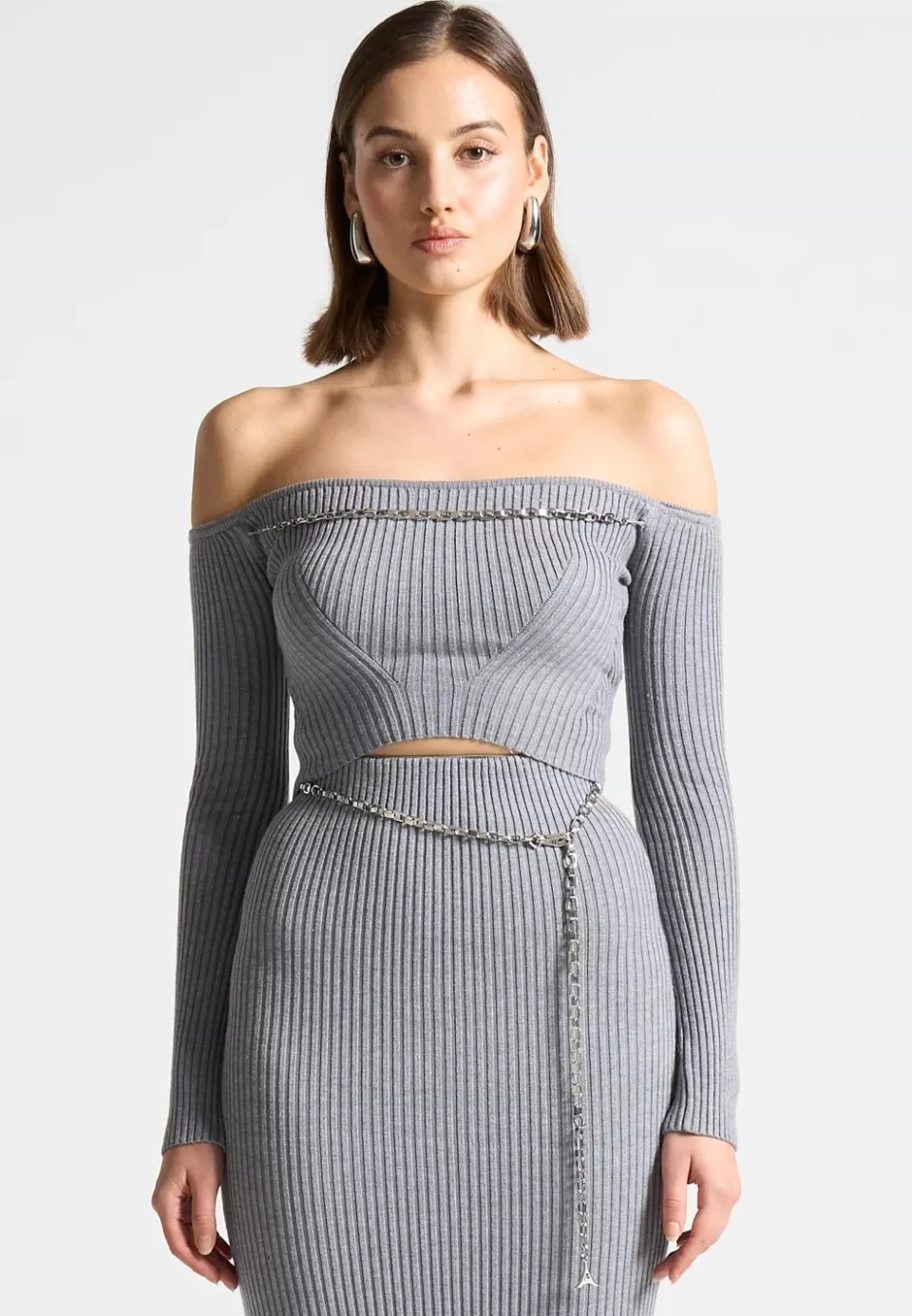 Manière De Voir Ribbed Knit Bardot Crop Top With Chain>Woman Knitwear
