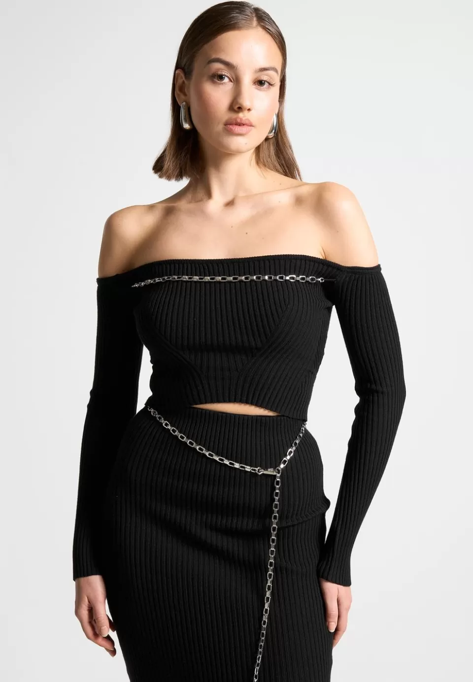 Manière De Voir Ribbed Knit Bardot Crop Top With Chain>Woman Knitwear