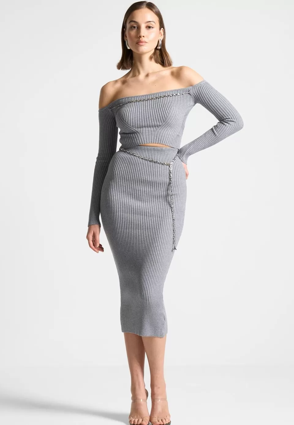 Manière De Voir Ribbed Knit Bardot Crop Top With Chain>Woman Knitwear
