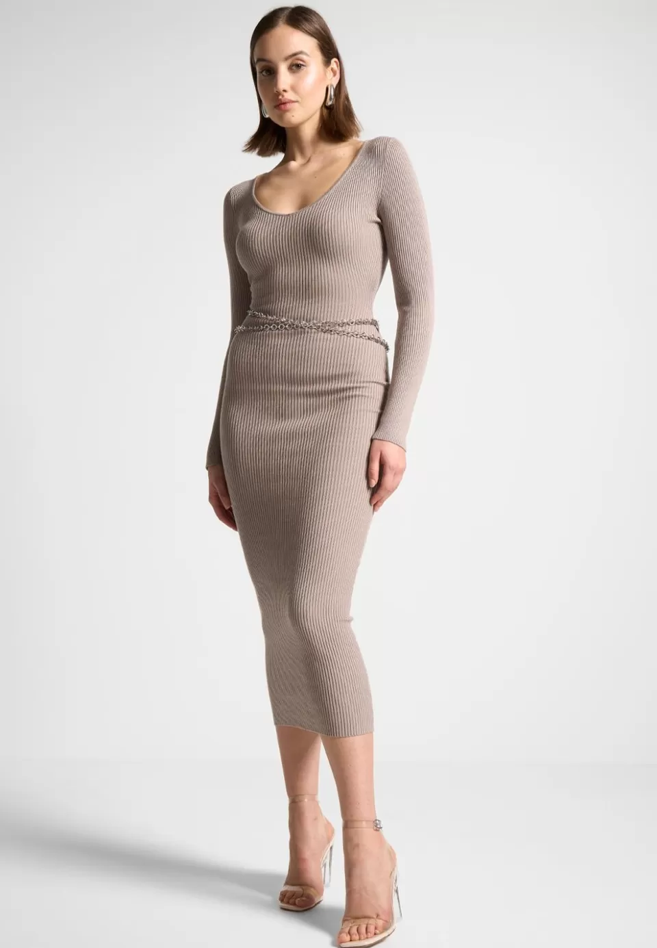 Manière De Voir Ribbed Knit Midaxi Dress With Chain Belt>Woman Knitwear