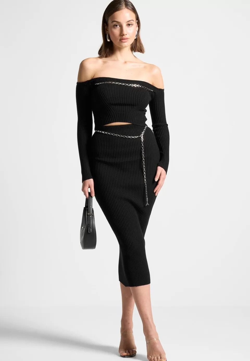 Manière De Voir Ribbed Knit Midaxi Skirt With Chain Belt>Woman Skirts
