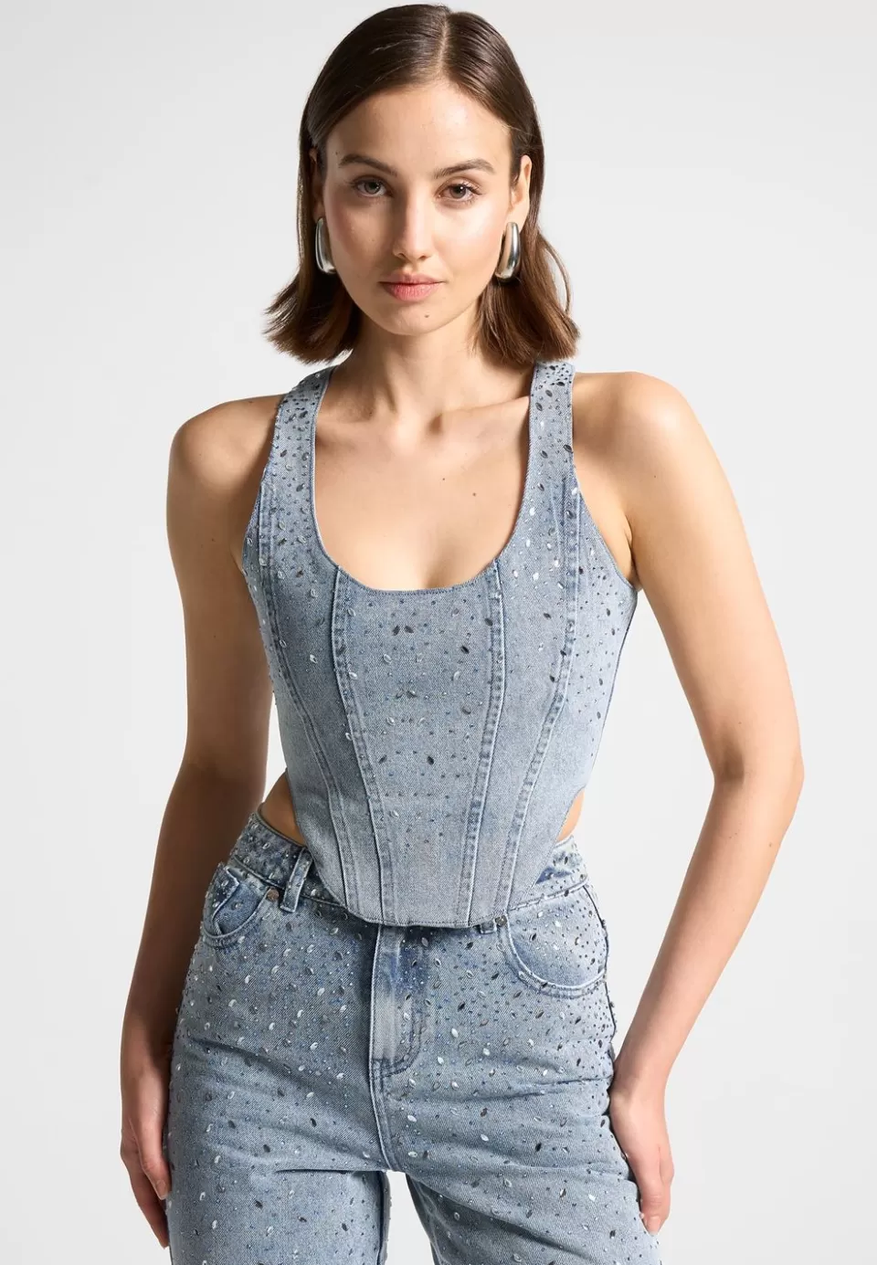 Manière De Voir Scattered Rhinestone Denim Corset Top>Woman Tops & T Shirts