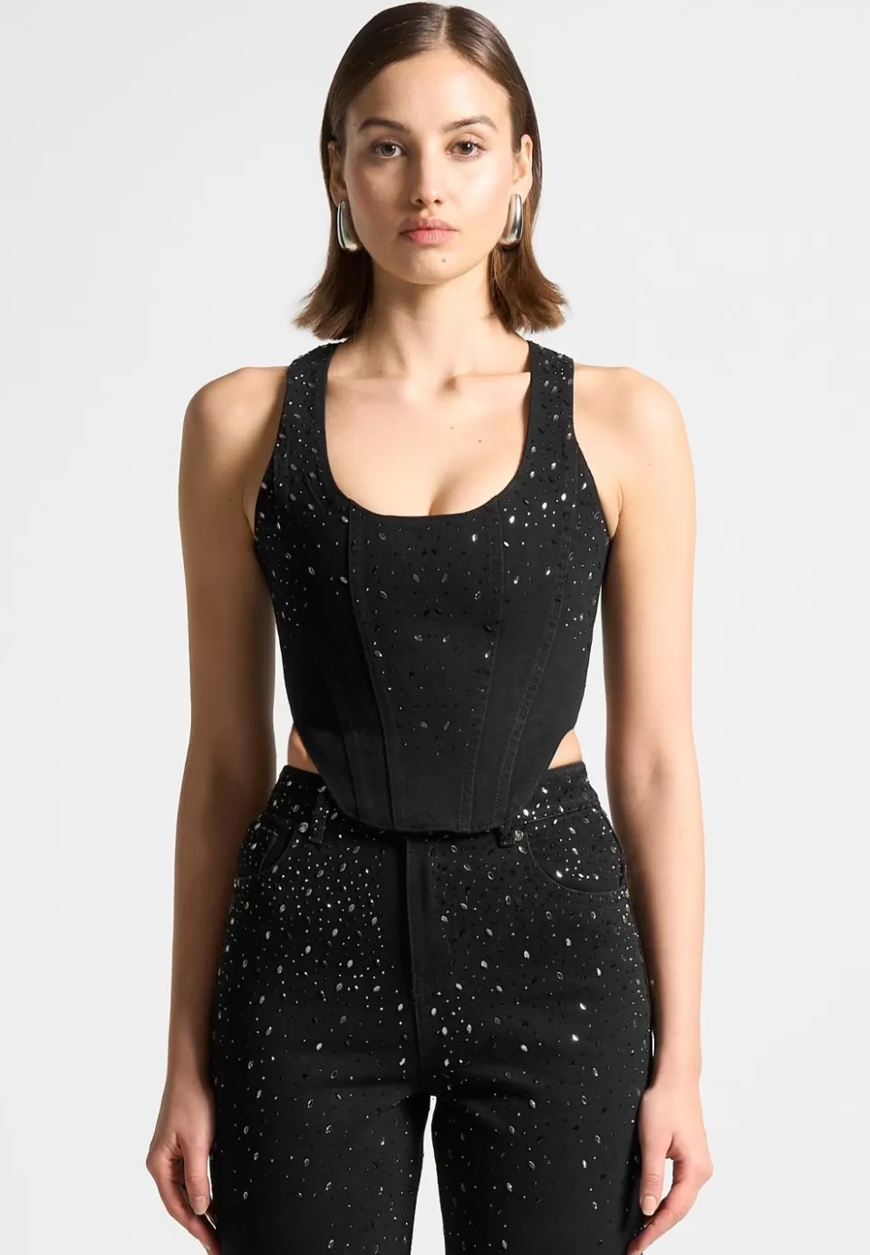 Manière De Voir Scattered Rhinestone Denim Corset Top>Woman Tops & T Shirts