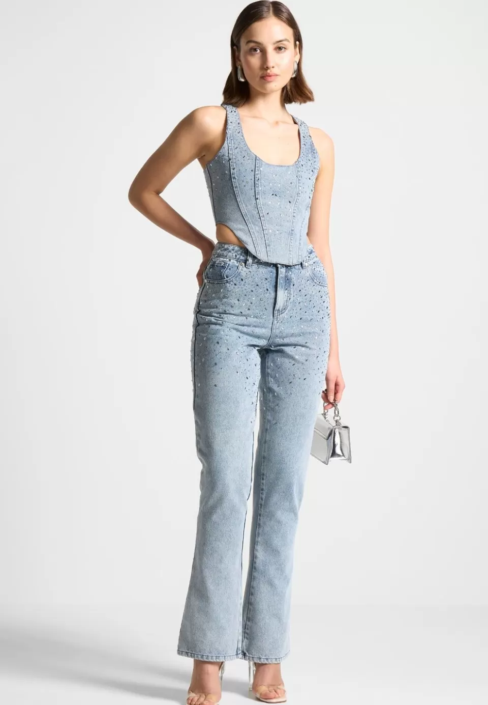 Manière De Voir Scattered Rhinestone Denim Corset Top>Woman Tops & T Shirts