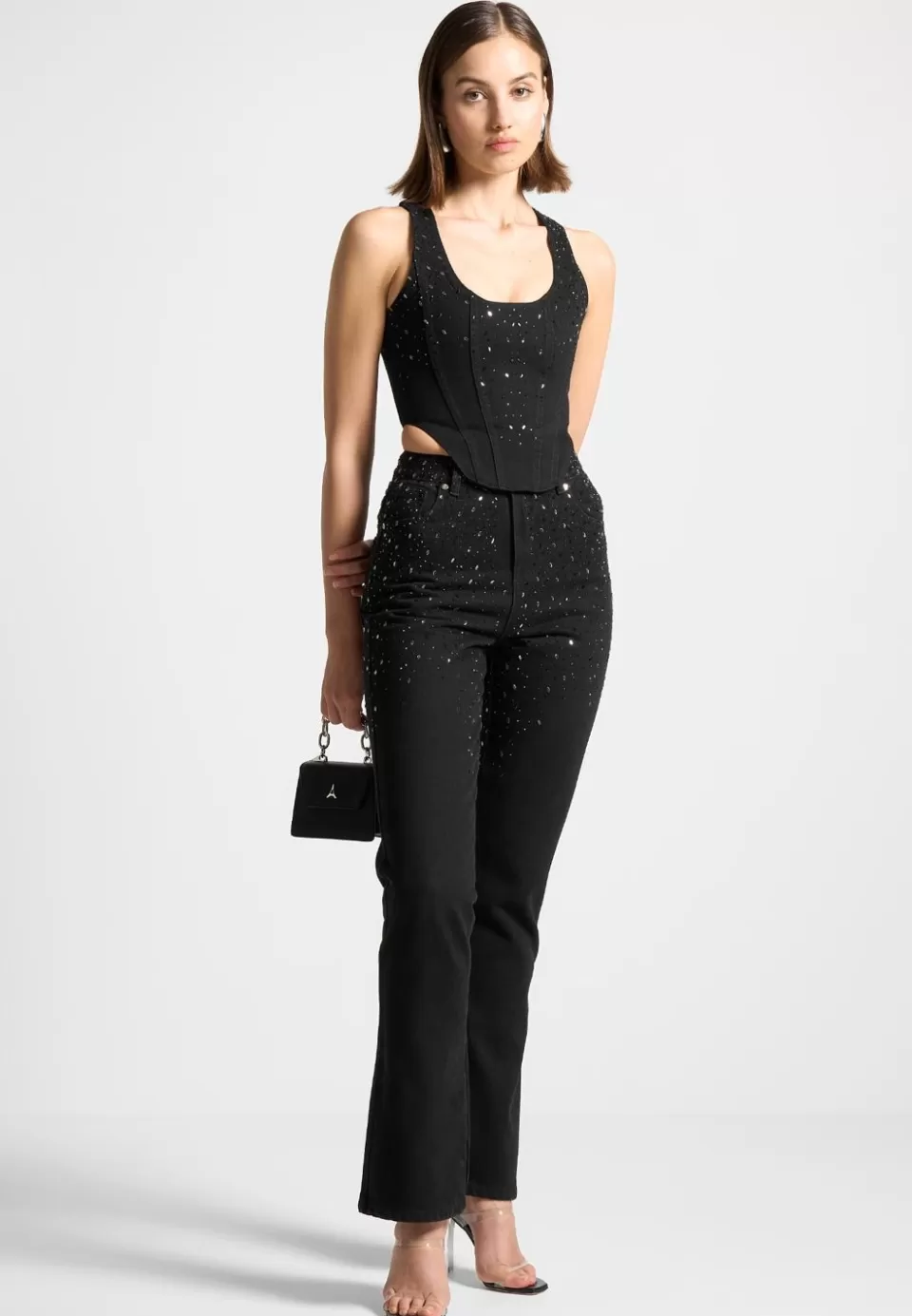 Manière De Voir Scattered Rhinestone Denim Corset Top>Woman Tops & T Shirts