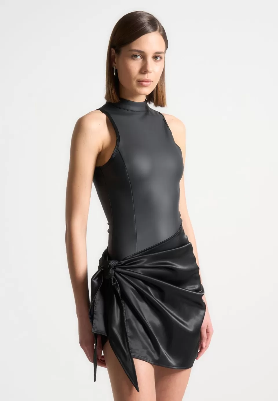 Manière De Voir Vegan Leather & Satin Wrap Bodycon Dress>Woman Dresses