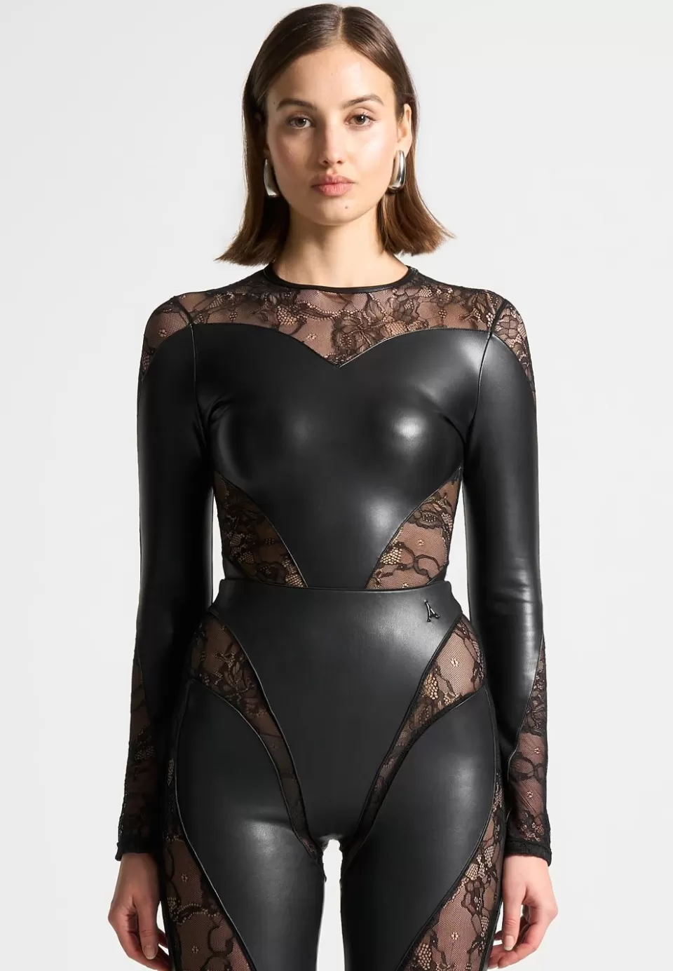 Manière De Voir Vegan Leather And Lace Contour Bodysuit>Woman Bodysuits