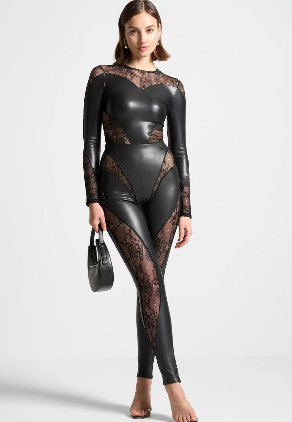 Manière De Voir Vegan Leather And Lace Contour Bodysuit>Woman Bodysuits