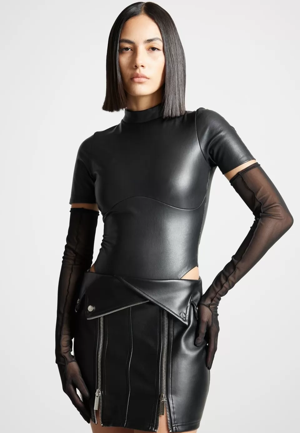 Manière De Voir Vegan Leather Bodysuit With Mesh Gloves>Woman Bodysuits