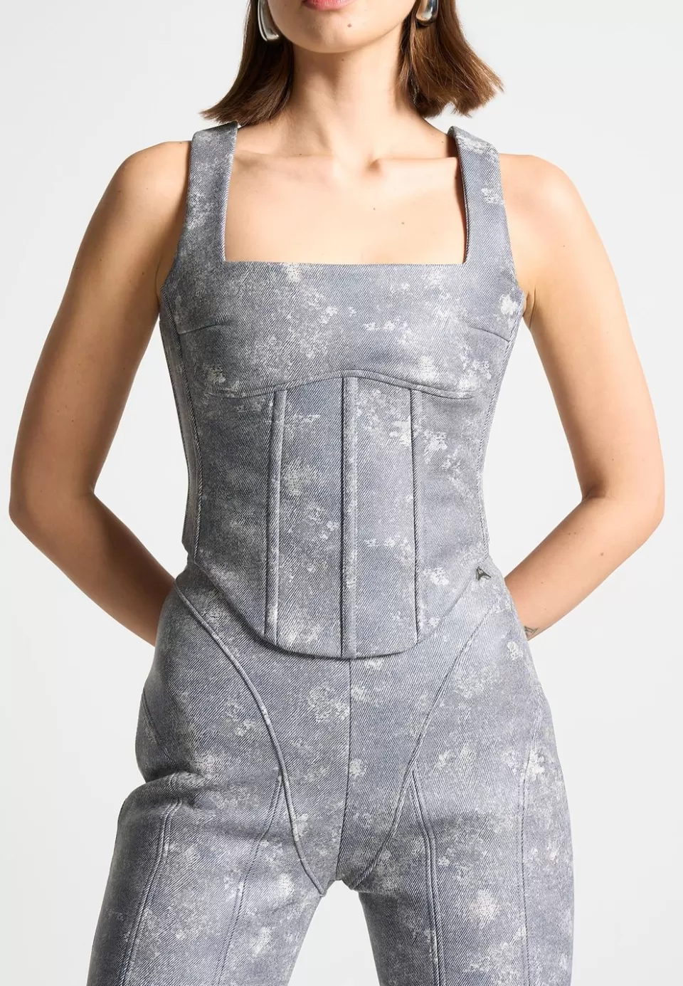 Manière De Voir Vegan Leather Denim Effect Corset Top>Woman Matching Sets