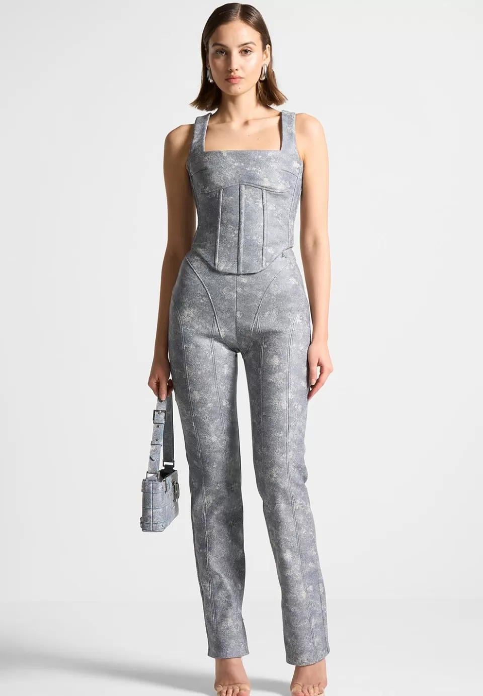 Manière De Voir Vegan Leather Denim Effect Straight Leg Trousers>Woman Matching Sets