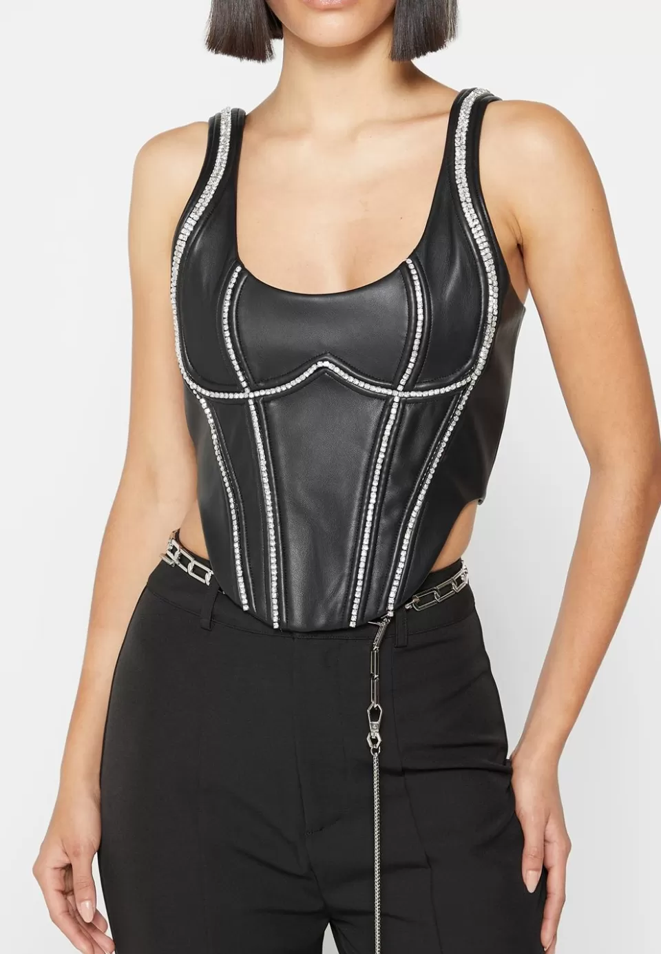 Manière De Voir Vegan Leather Embellished Corset Top>Woman Matching Sets