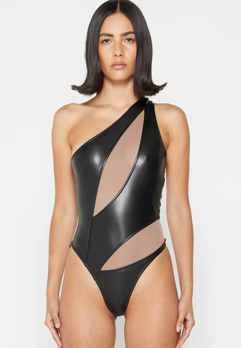 Manière De Voir Vegan Leather Mesh Contour Bodysuit>Woman Bodysuits
