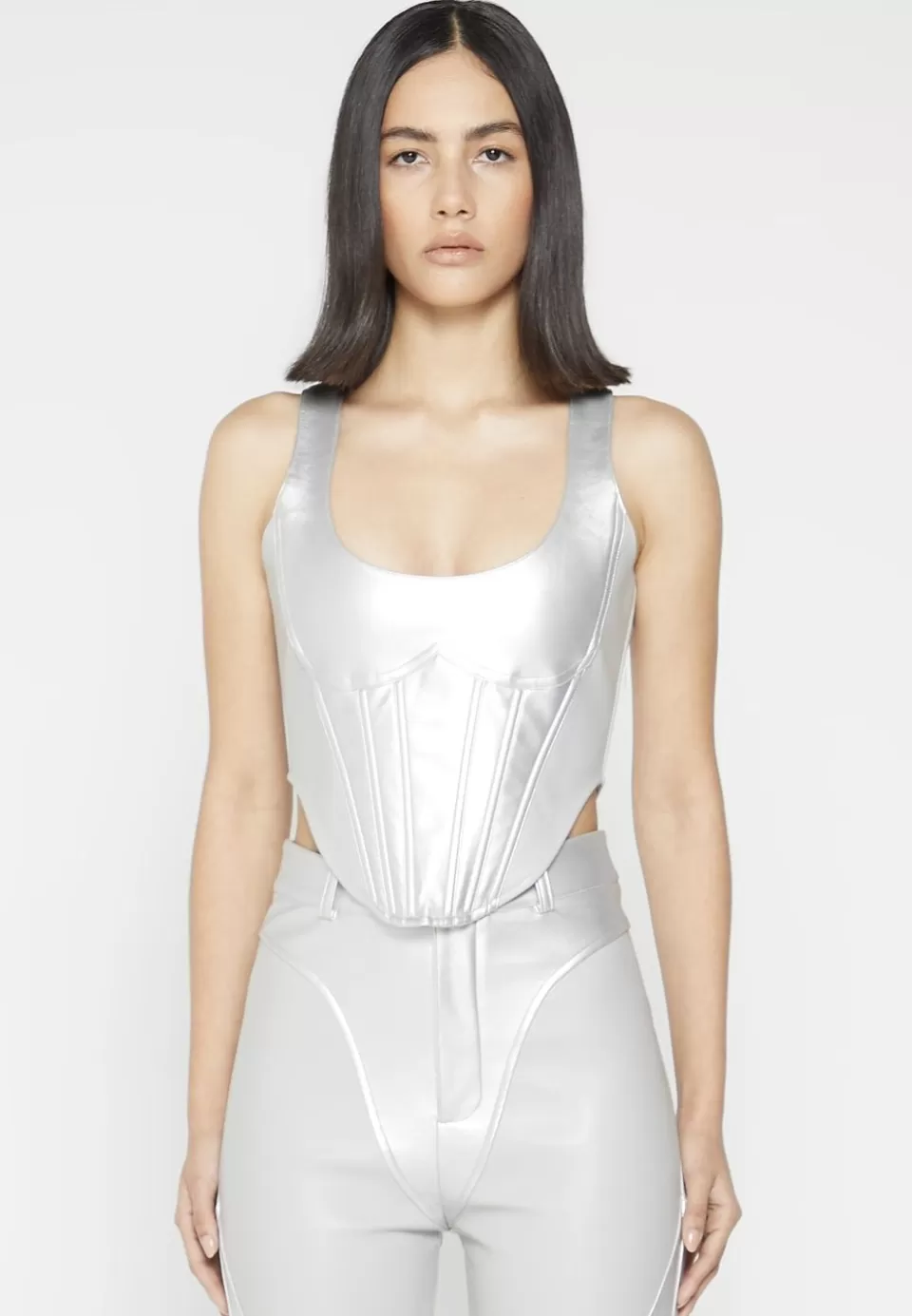 Manière De Voir Vegan Leather Metallic Corset Top>Woman Matching Sets
