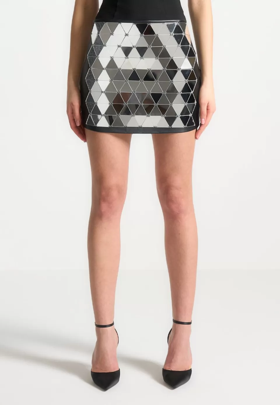 Manière De Voir Vegan Leather Mirrored Mini Skirt - Silver/Black>Woman Matching Sets
