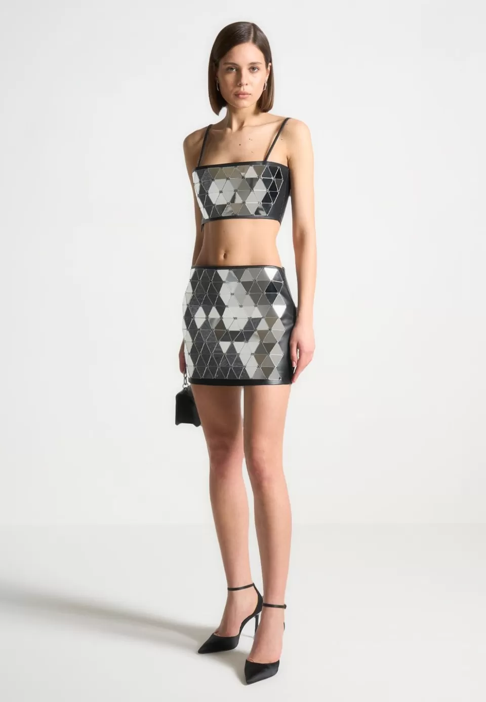 Manière De Voir Vegan Leather Mirrored Mini Skirt - Silver/Black>Woman Skirts